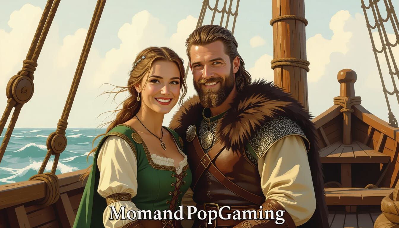 Medieval Couple Posing on Viking Ship, Digital Art