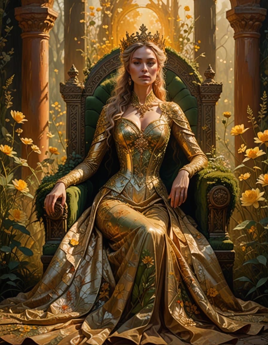 Empress on Living Throne in Golden Light, Fantasy Painting