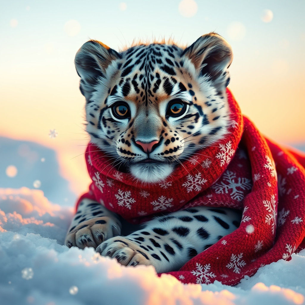 Baby Snow Leopard in Christmas Scarf Digital Art