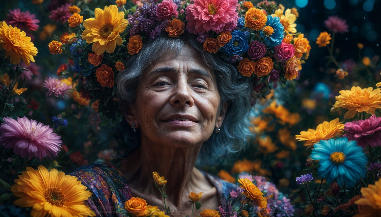 Mysterious Lady Surrounded by Flowers in Double Exposure Sty...