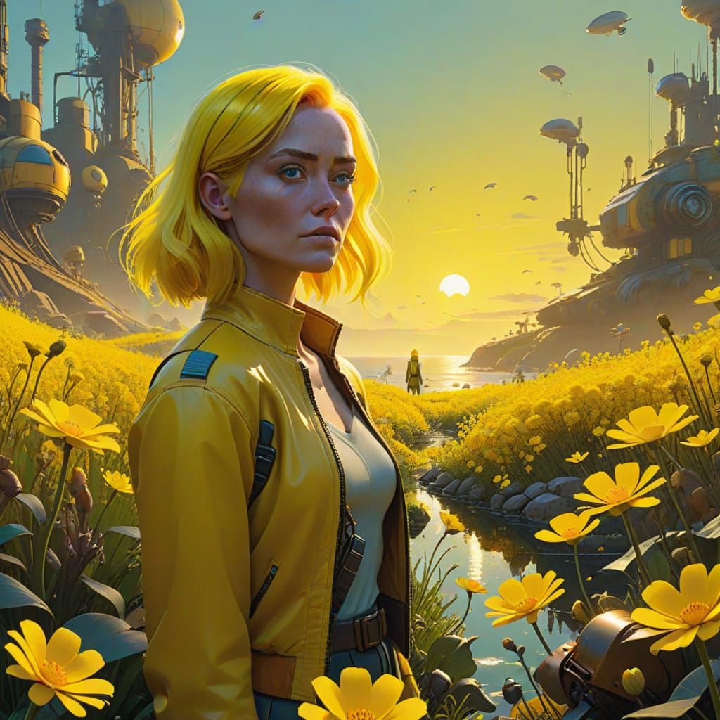 Woman in a Vibrant Yellow Wonderland, with Whimsical Touches...