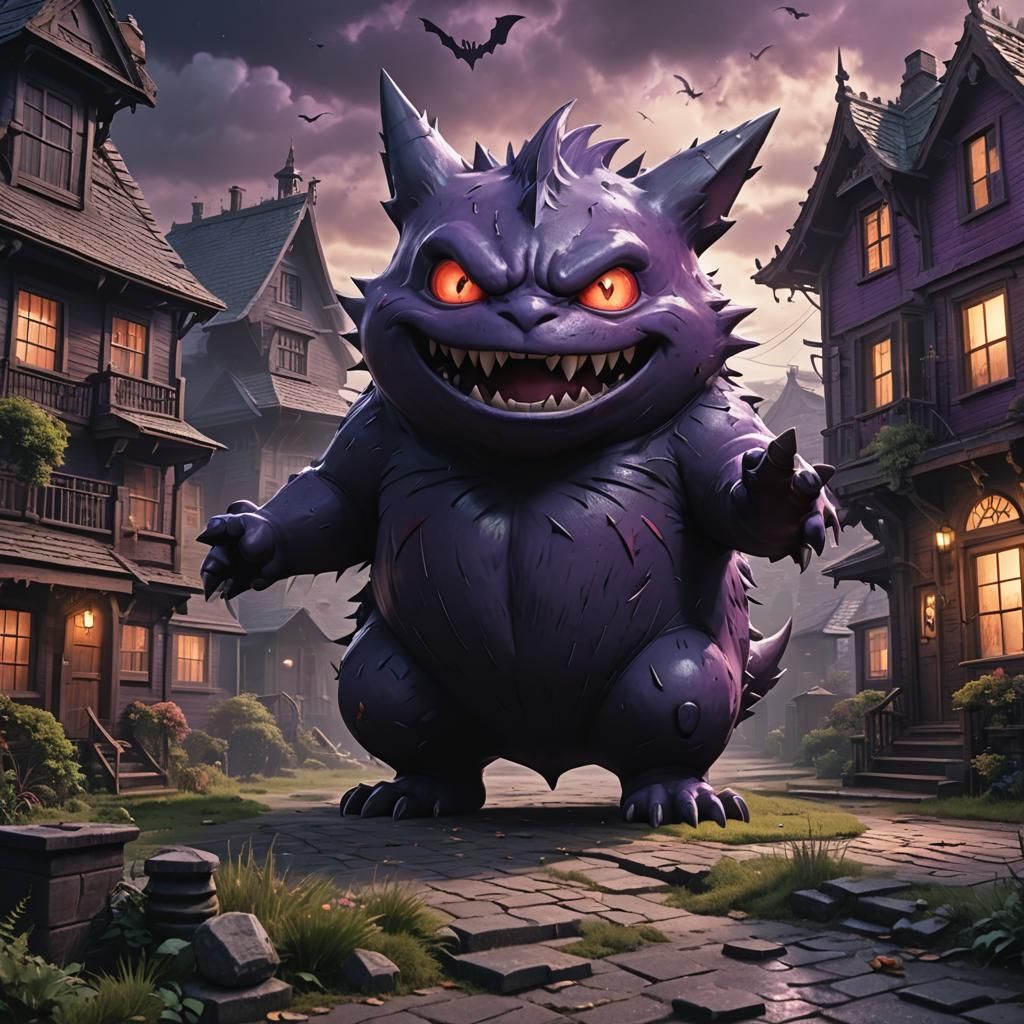 Realistic Gengar in Shadowy House: Digital Painting