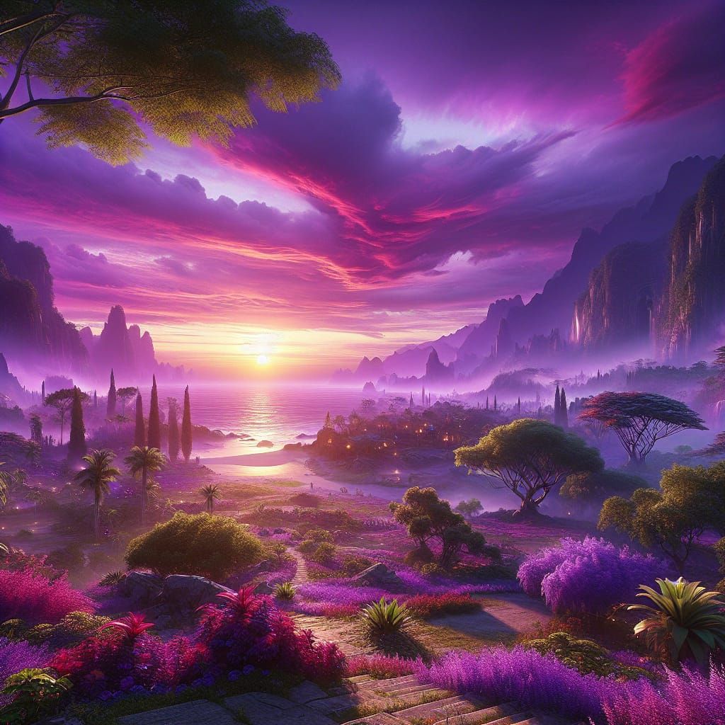 Fantastical Purple Sunset Garden Beach: Matte Painting
