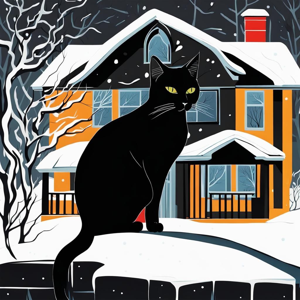Black Cat in Winter: Abstract Art Outdoors