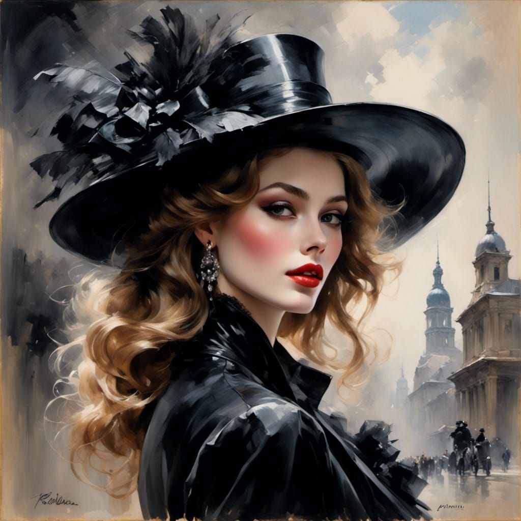 Elegant Woman in Black Hat: High-Fashion Portrait