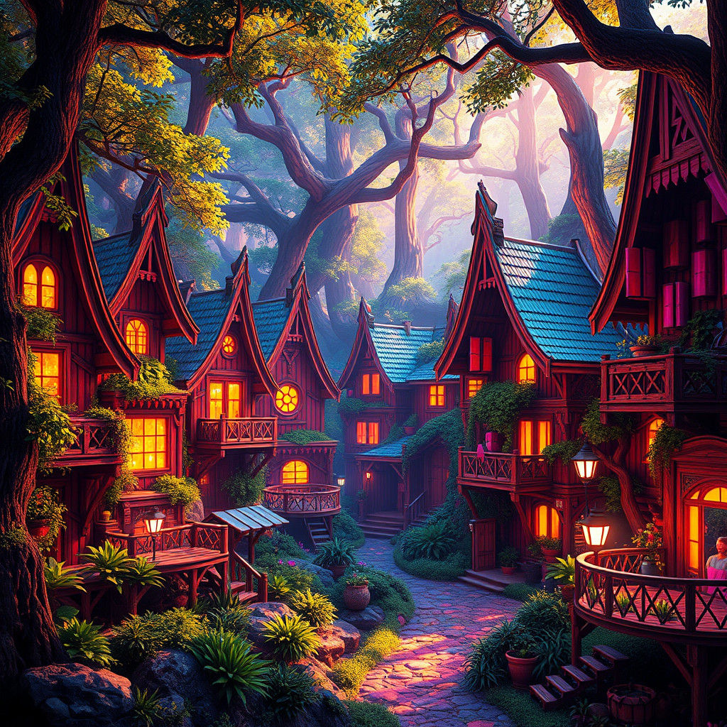 Iridescent Village in Mystical Glowing Forest