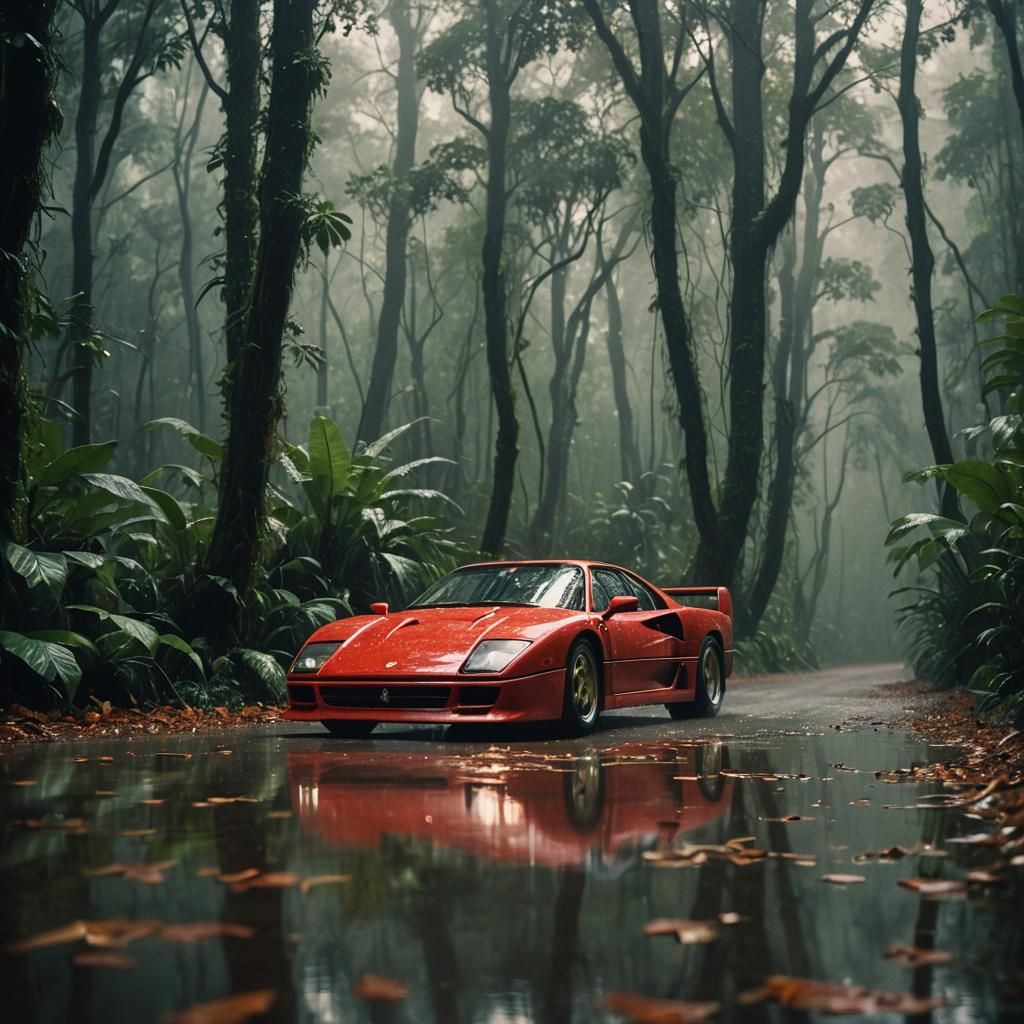 Ferrari F40 Drives Through Rainforest: Cinematic Film Still
