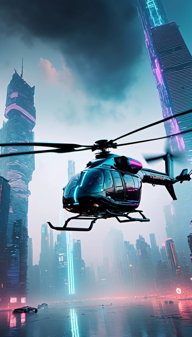 Cyberpunk Police Helicopter in Futuristic Cityscape