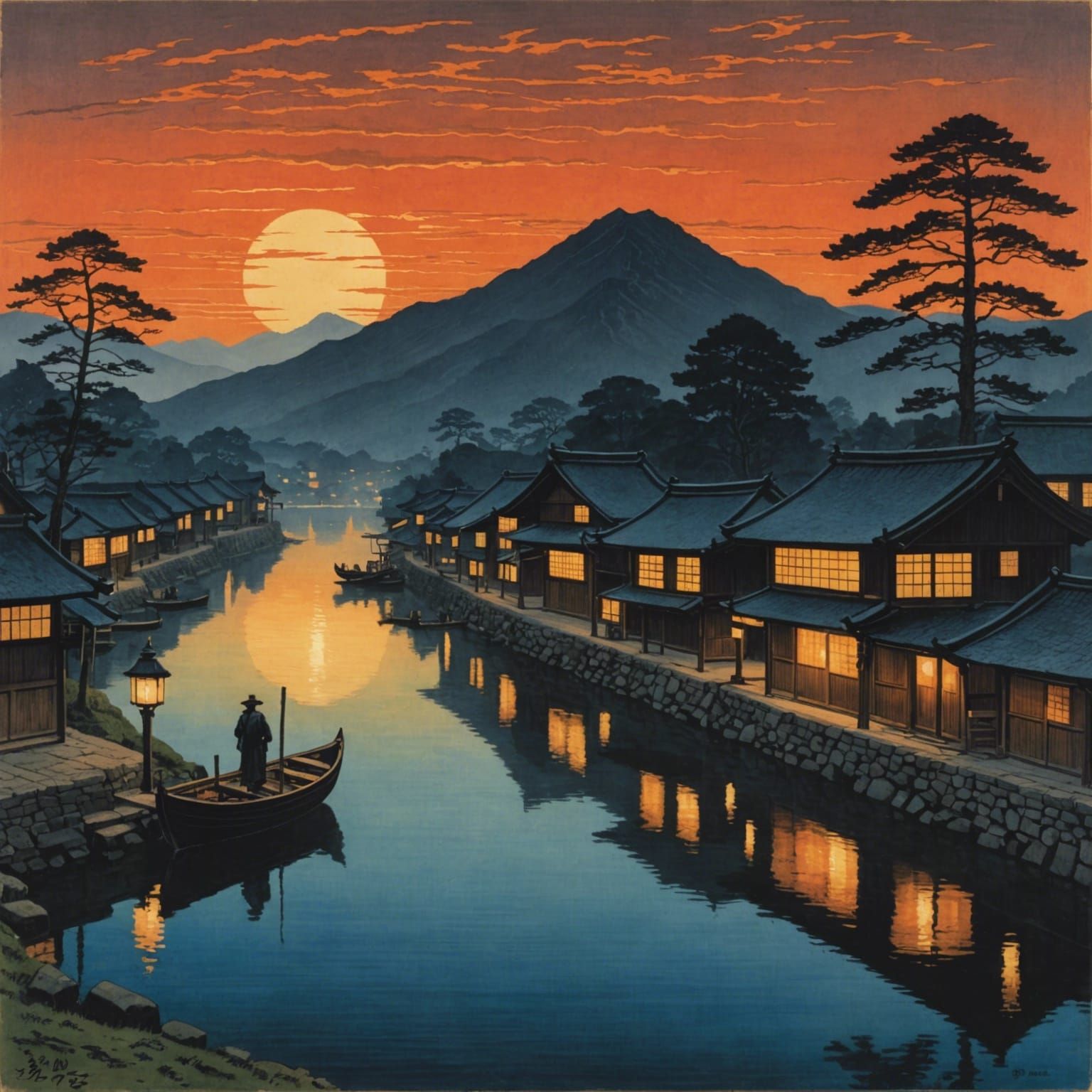 art by Hasui Kawase, J.M.W. Turner. Traditional Japanese village, twilight ambiance, Turner's dynamic flames, glowing la...