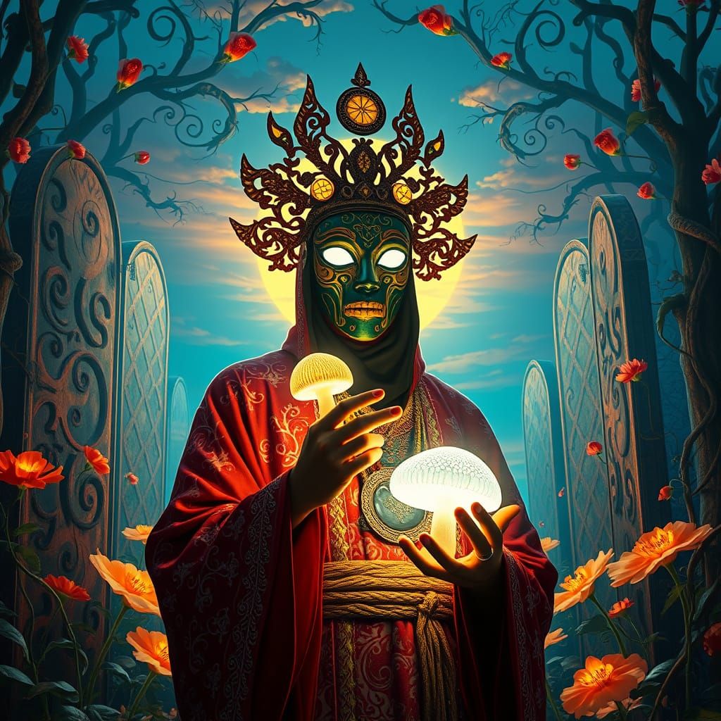 Ethereal Shaman Holds Glowing Mushroom in Labyrinth of Light
