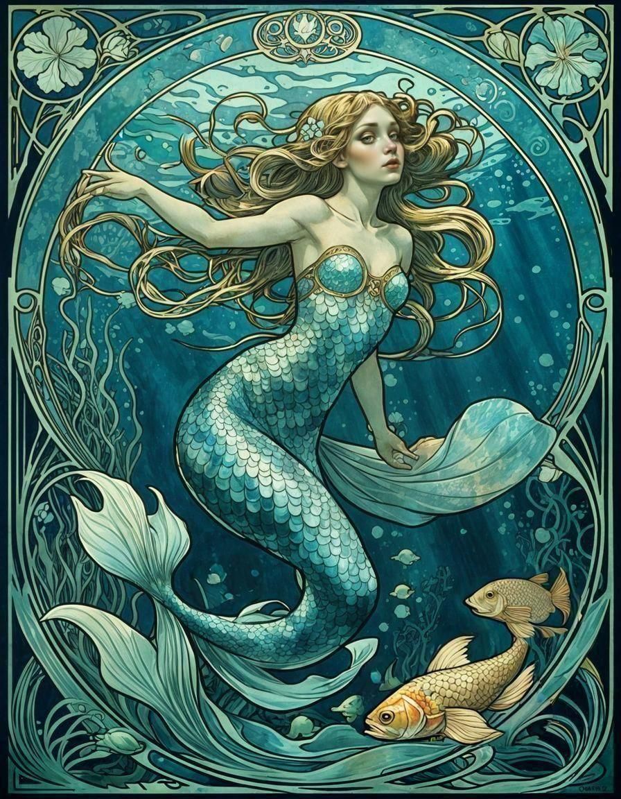 An underwater mermaid in the Art Nouveau style of Alphonse Mucha