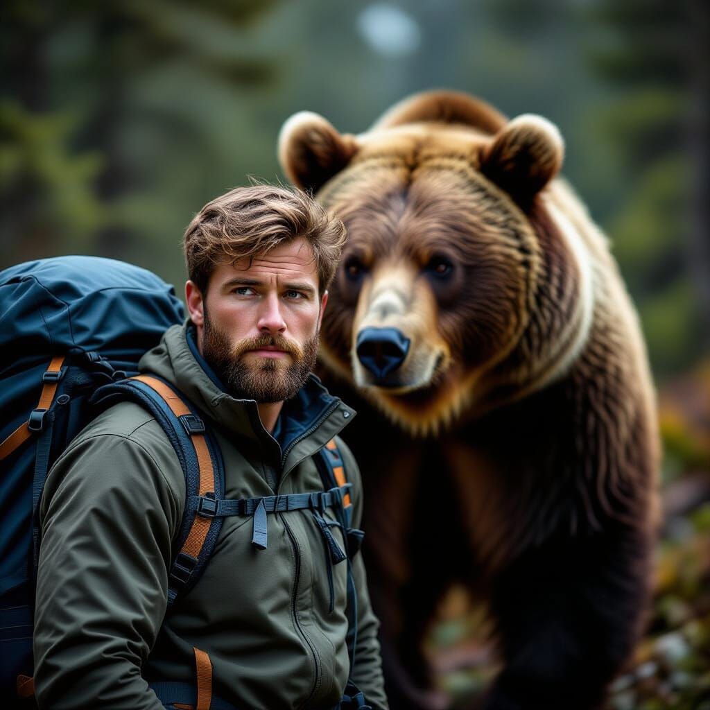 Man Faces Bear in Wilderness with Determination