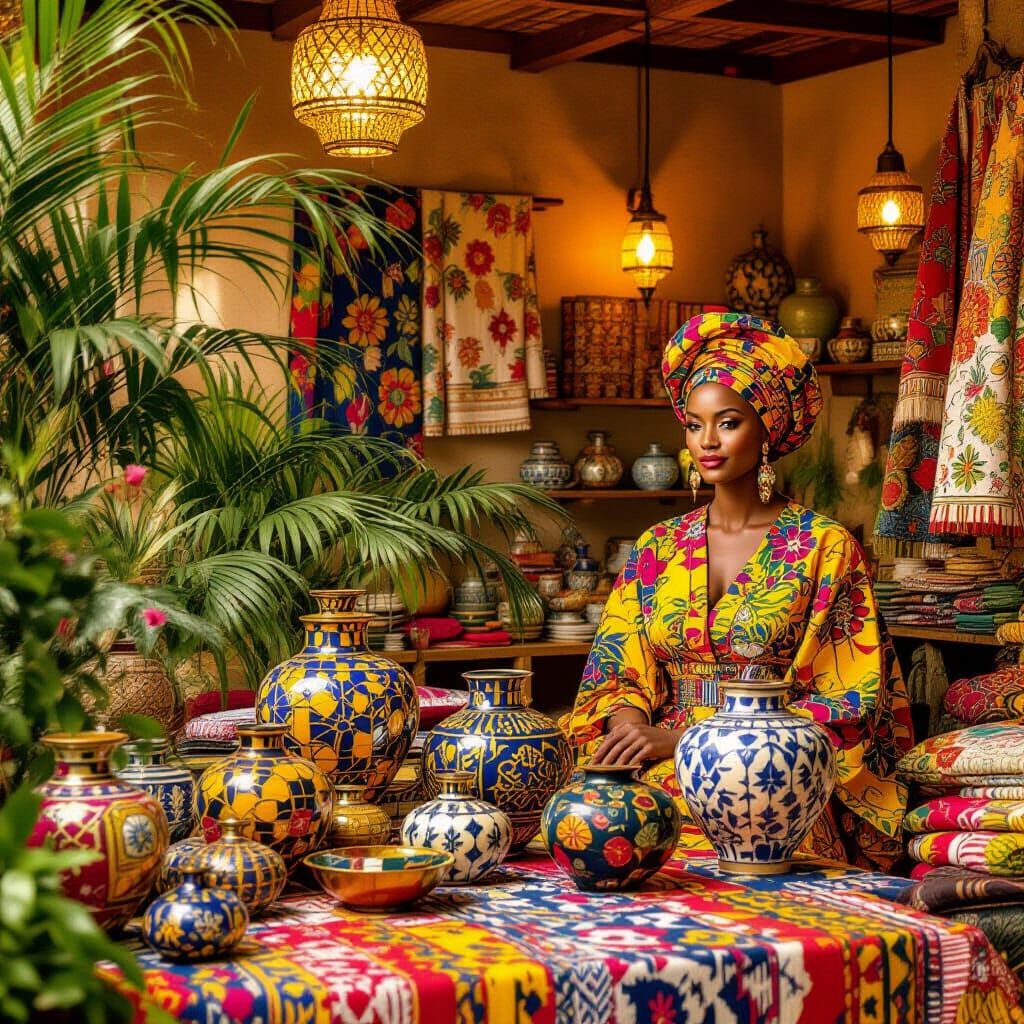 Vibrant African Marketplace Scene in Traditional Style