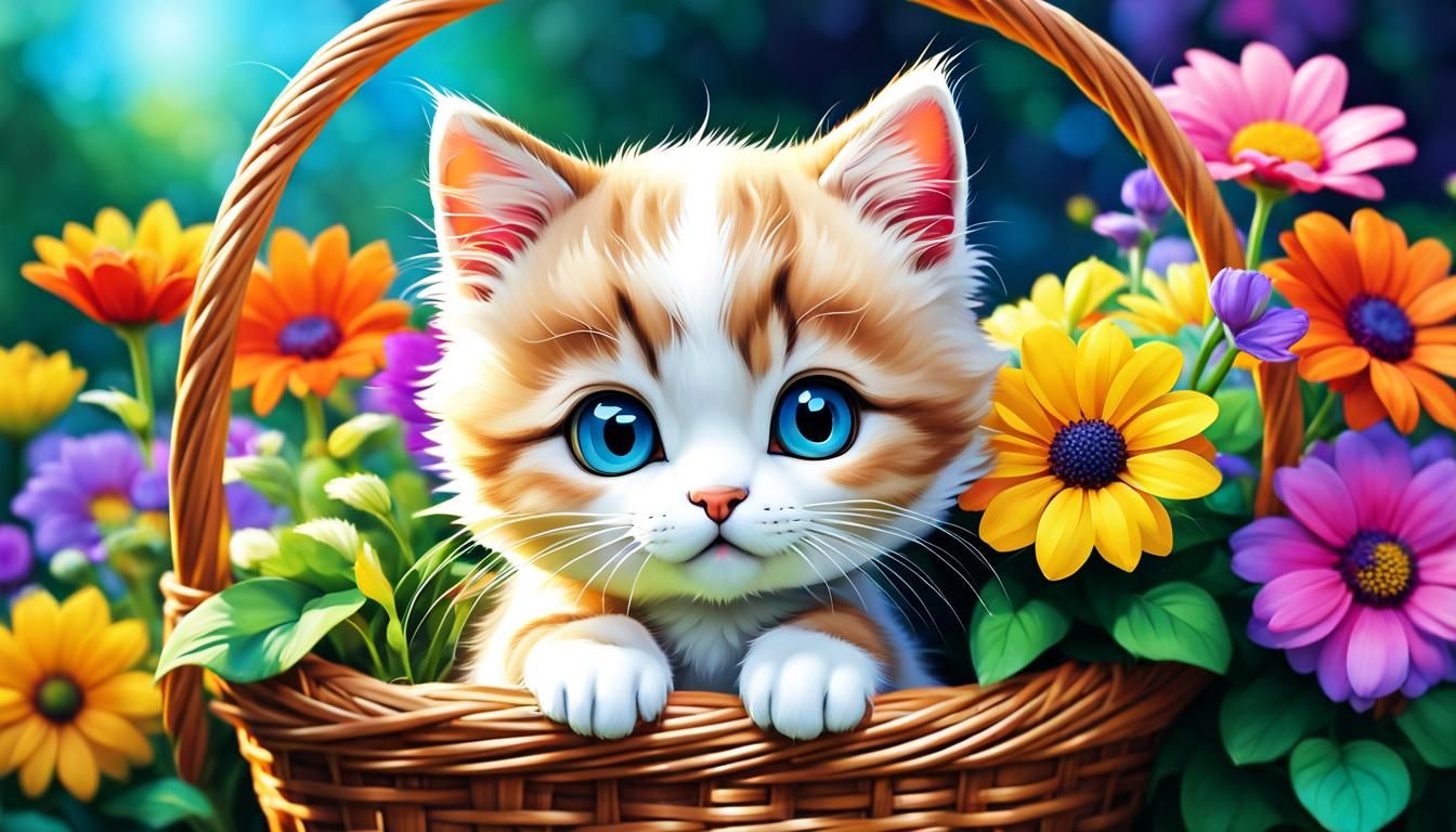 Cute Kitten in Flower Basket Illustration