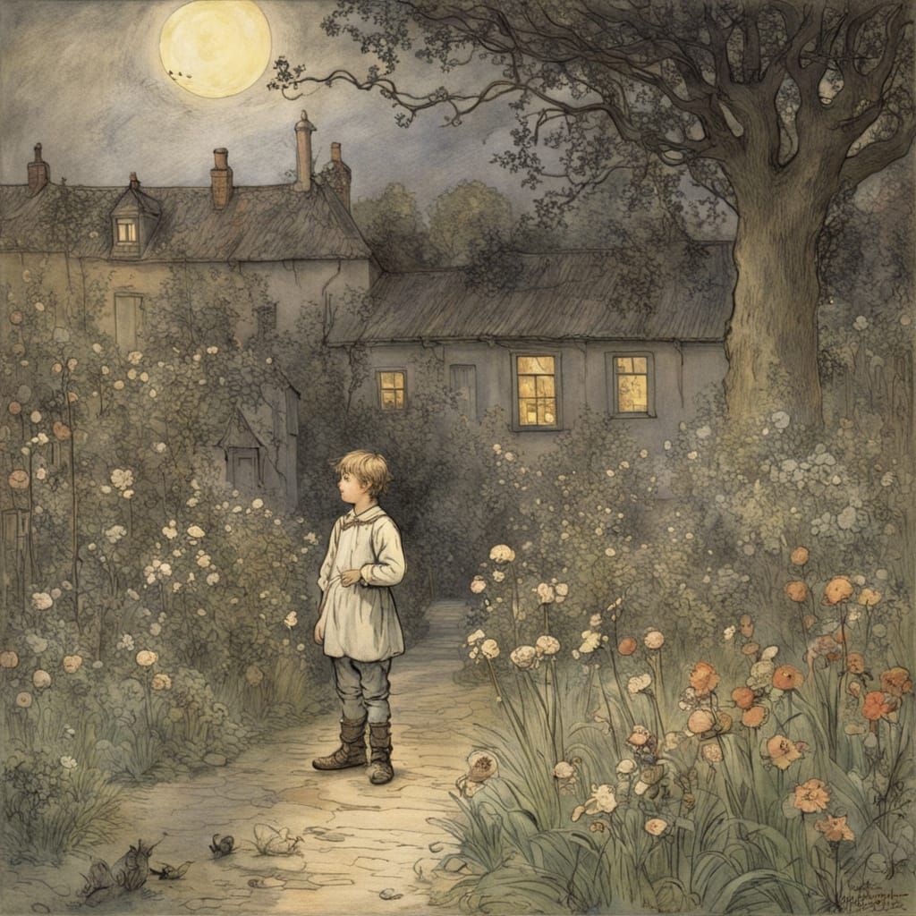Whimsical Nighttime Scene in a Fairytale Garden