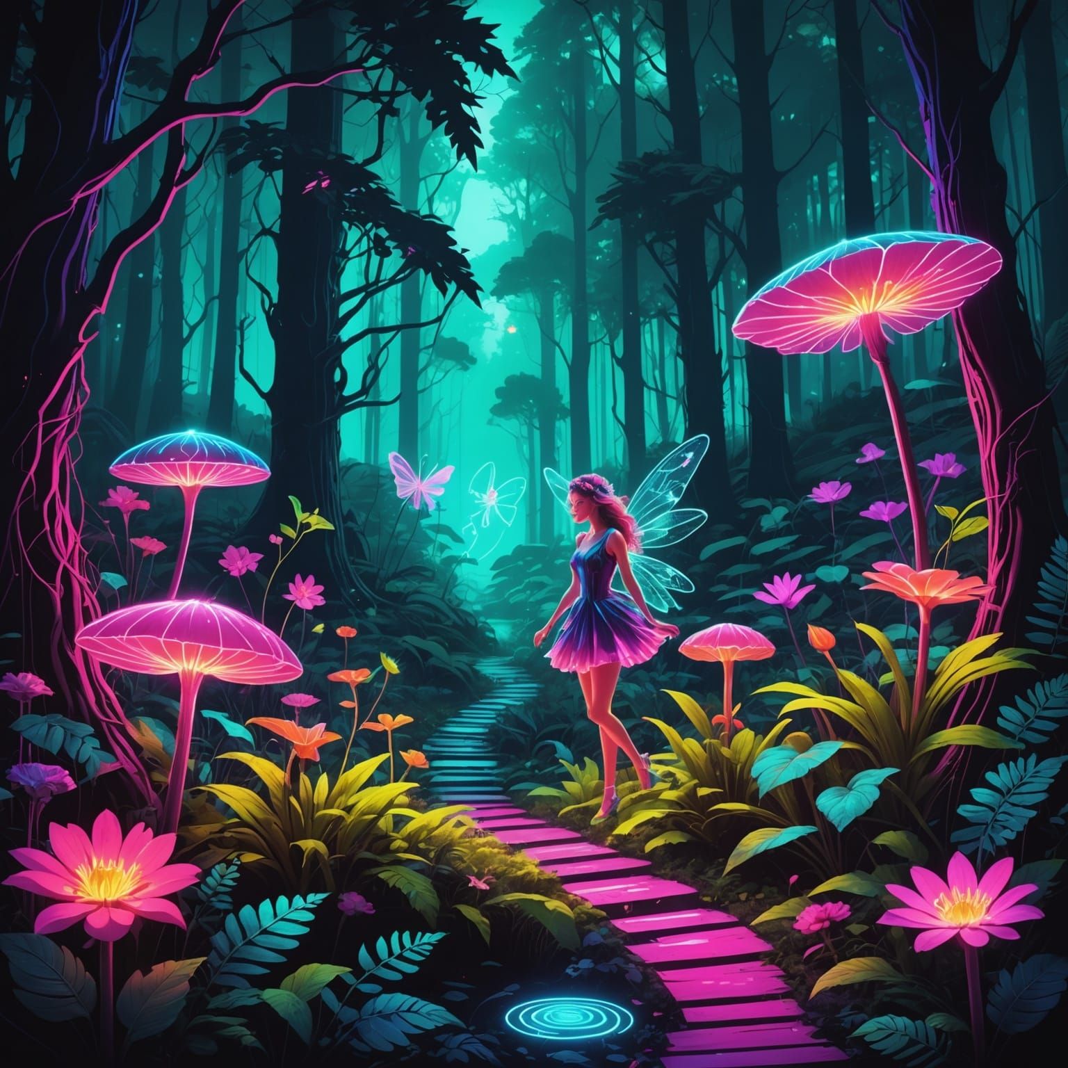 Synthwave Fairies and Flowers in Neon Forest