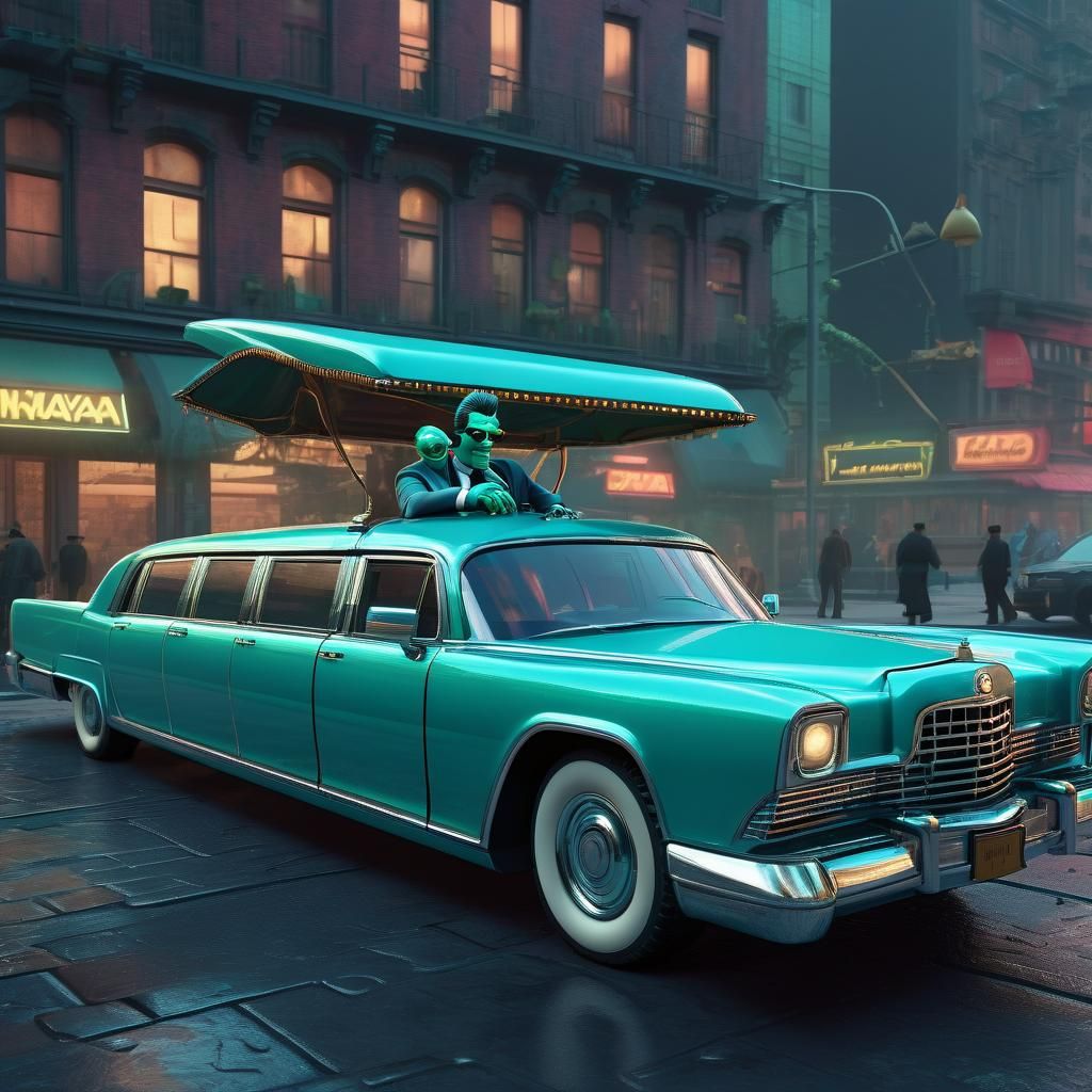 Alien Mafia Boss in Turquoise Limo: 3D Digital Art