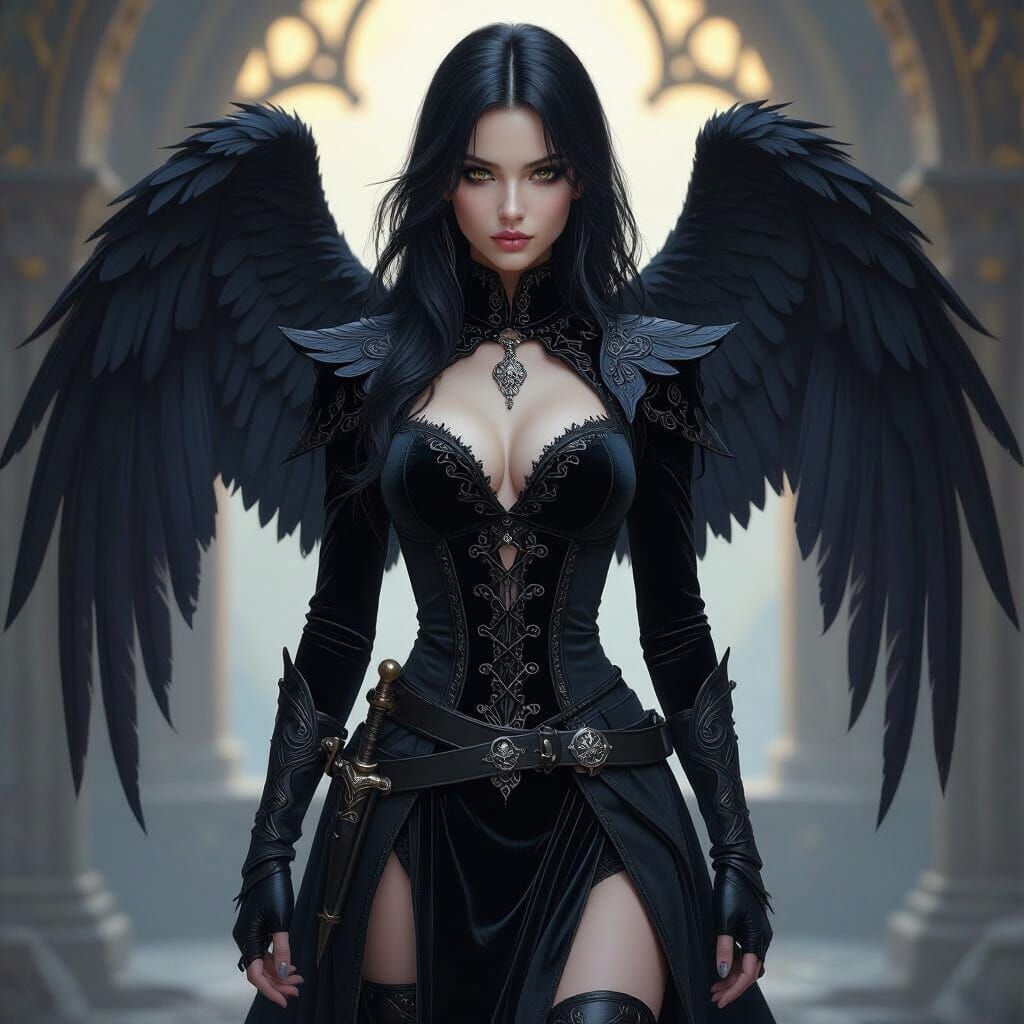 Raven-Winged Woman in Dark Fantasy Style