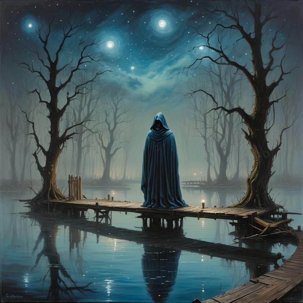 Eerie Blue Light Swamp with Cloaked Figures
