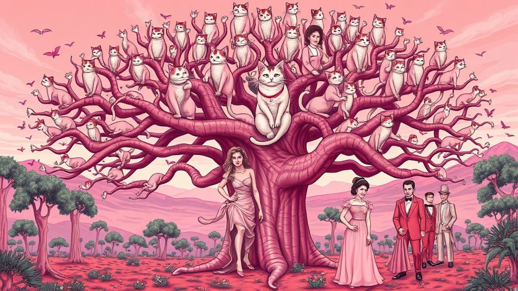 Pink Baobab Tree with Cats and Historical Figures