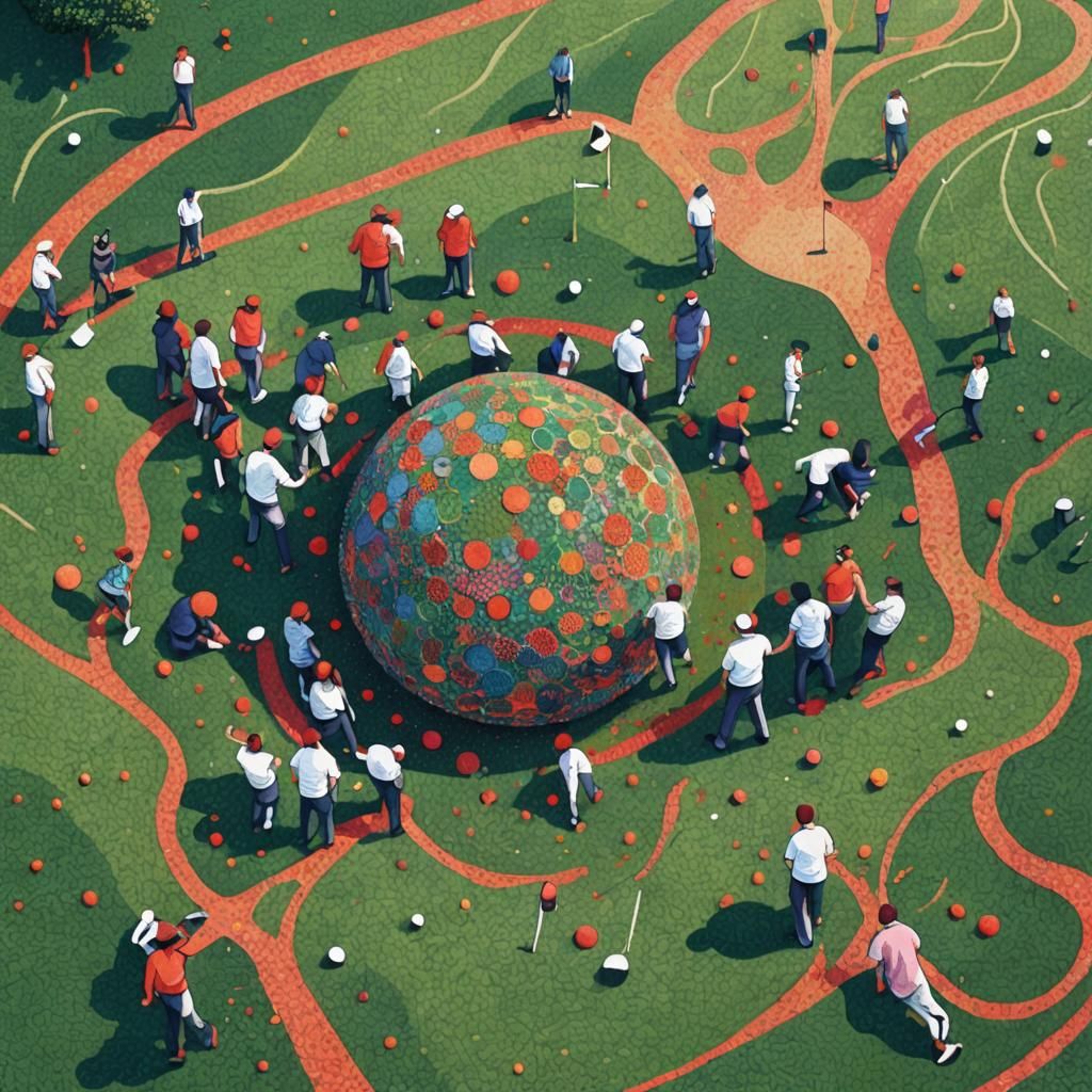 Pointillist Golf Course Scene with Geometric Abstraction