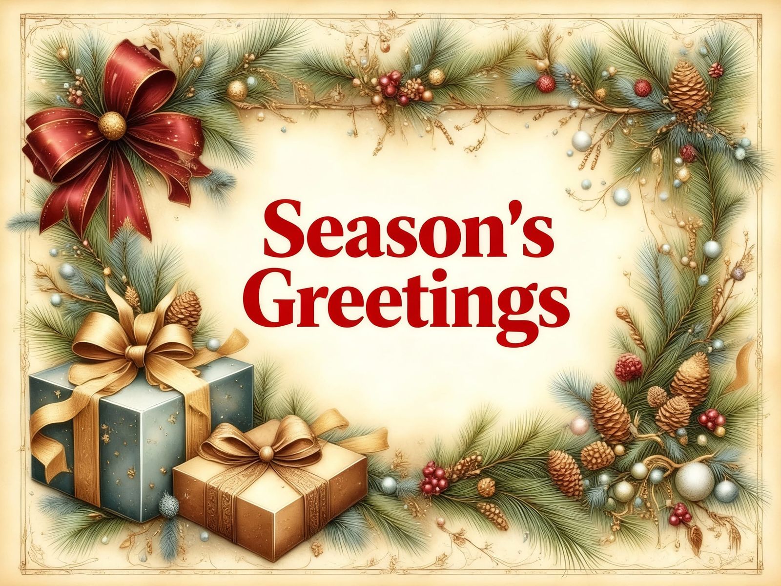 Vintage Christmas Card with Presents and Pine Borders