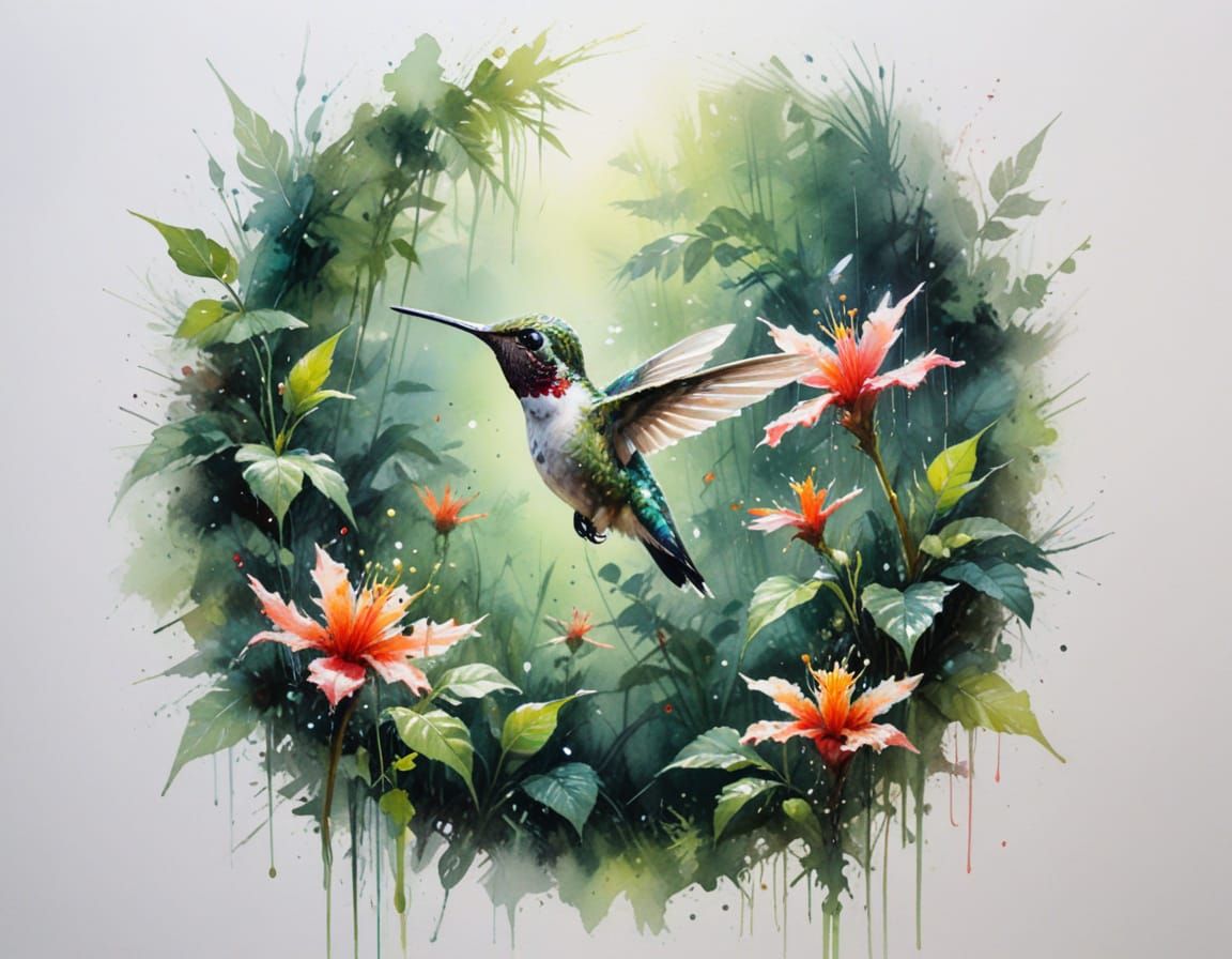 Hummingbird in Misty Tropical Forest Clearing, Watercolour S...