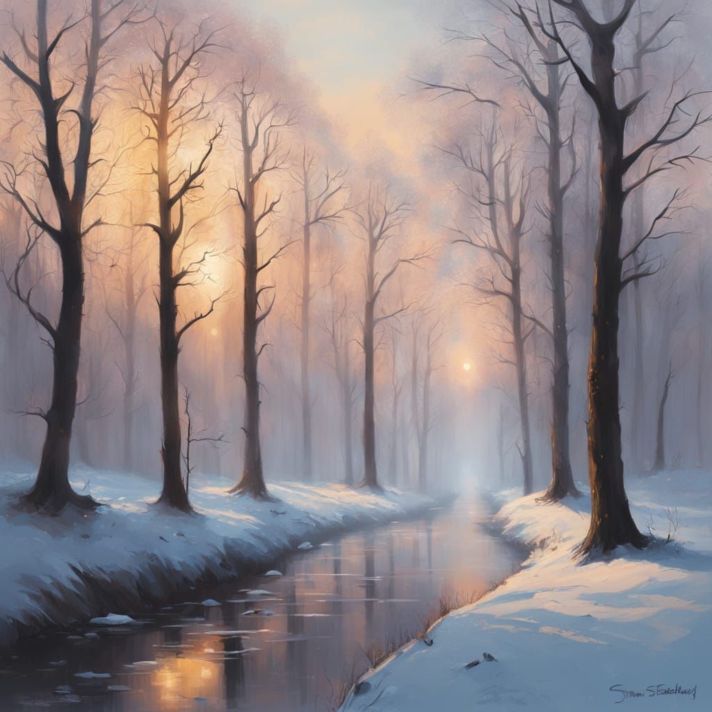 Surreal Winter Scene with Golden Glow and Rolling Hills