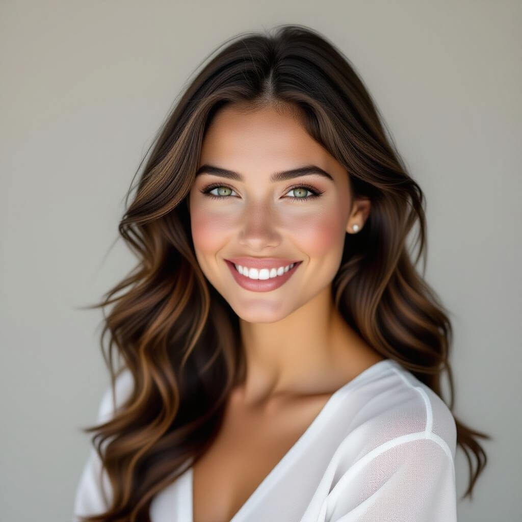 Green-Eyed Brunette Close-Up Portrait with Vibrant Colors