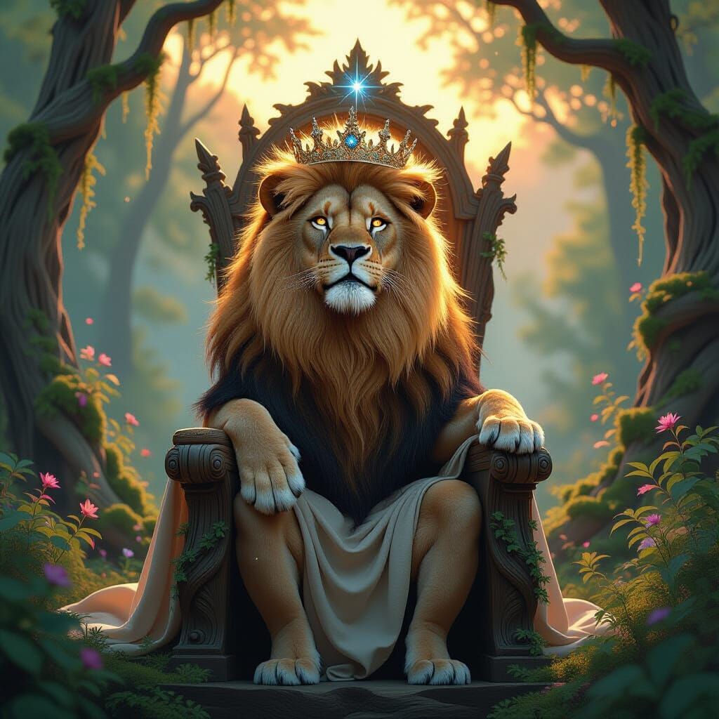 Regal Lion on Petrified Throne in Art Nouveau Style