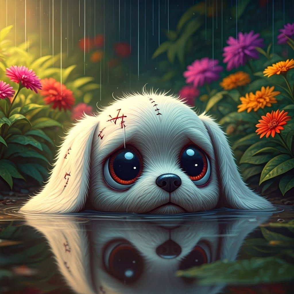 Heartbreaking Toy Dog, Frayed and Helpless in a Rainy Garden