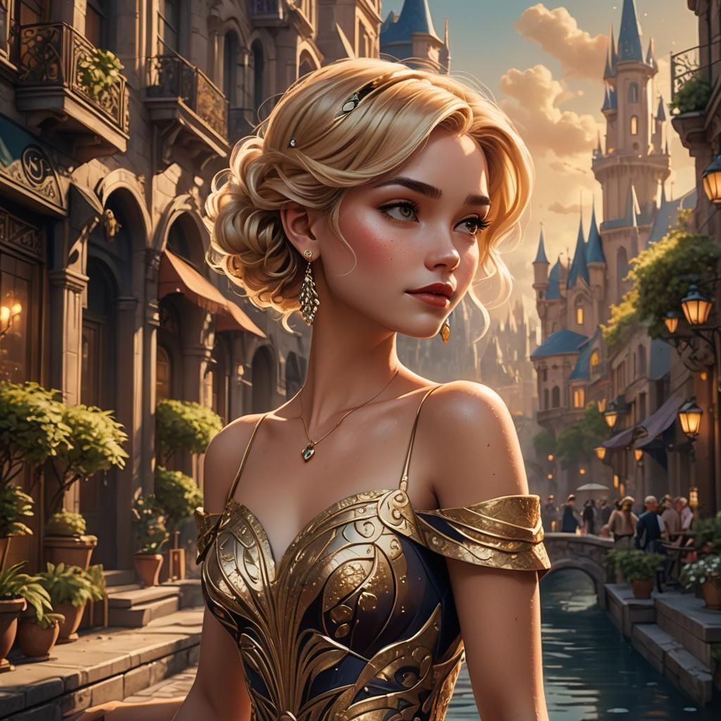 Cute Girl in Art Deco Style, Pixar Illustration