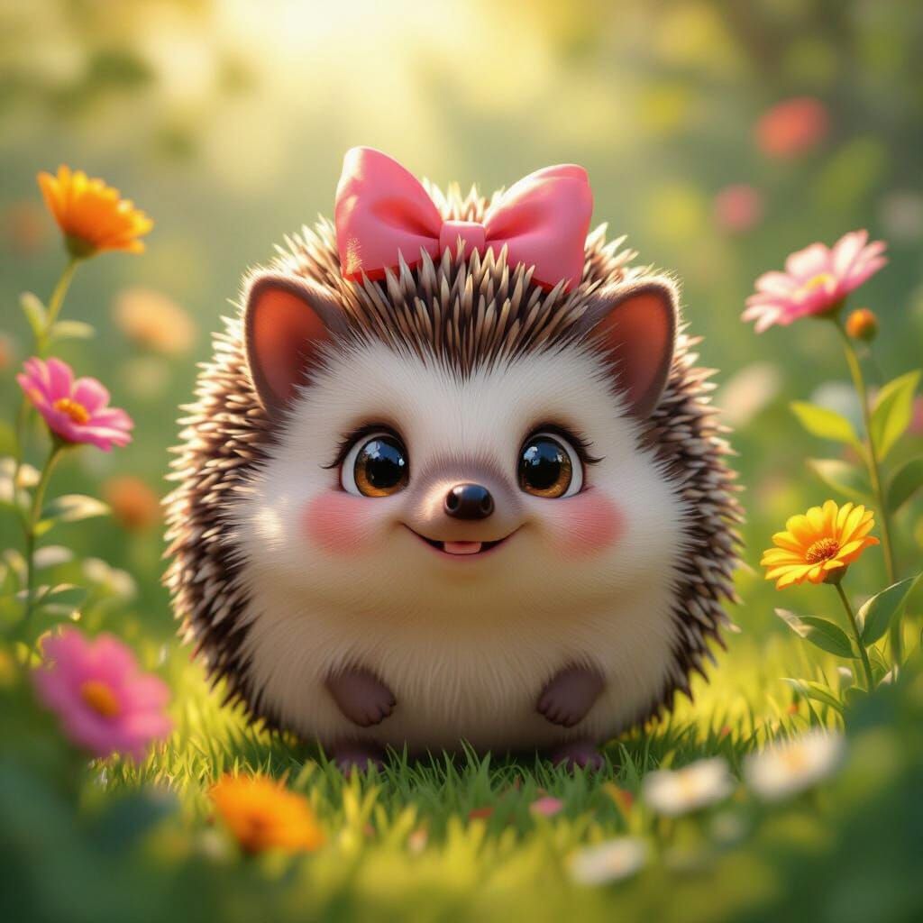 Happy Hedgehog Girl with Butterfly in Sunlit Garden