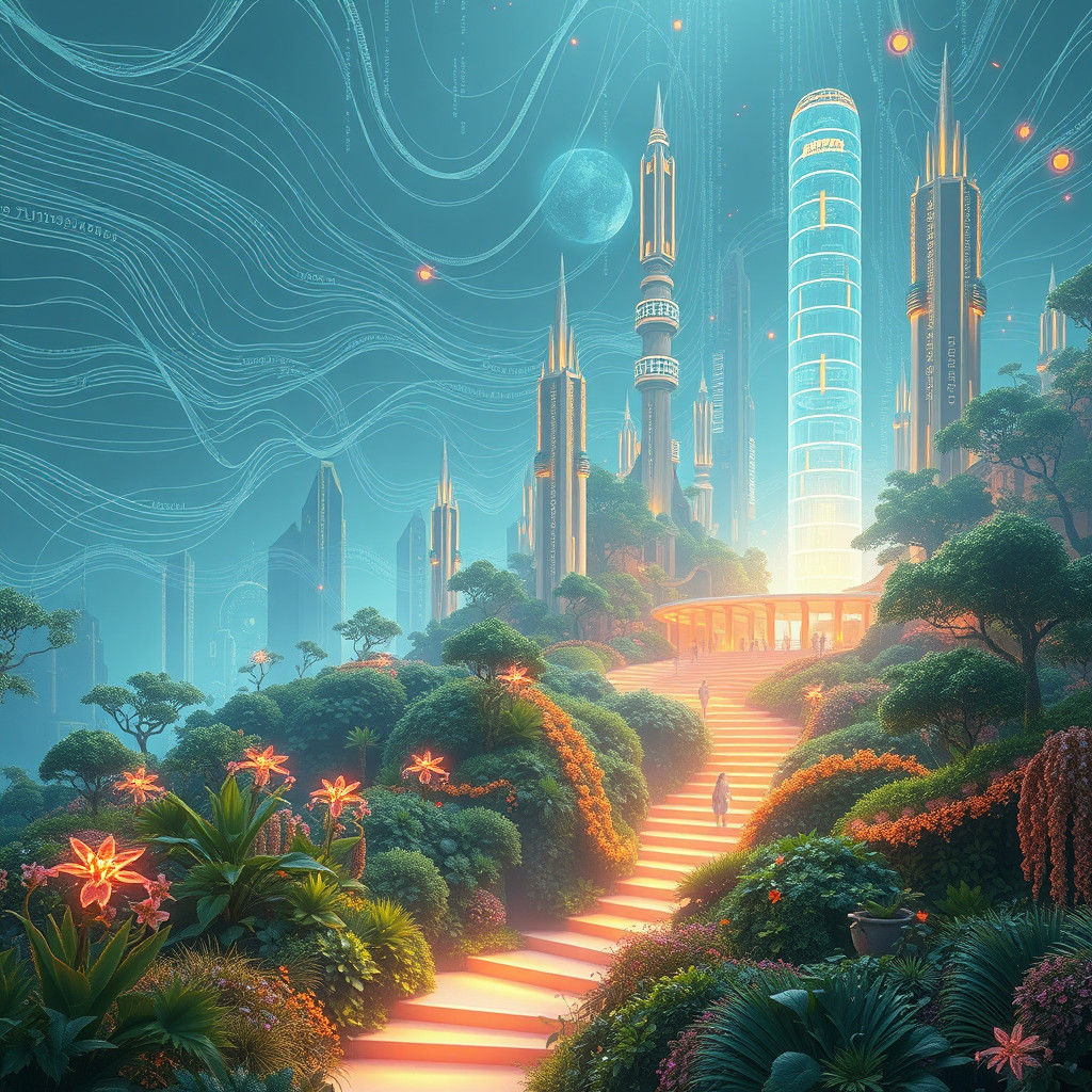 Serene Digital Utopia with Glowing Code Patterns