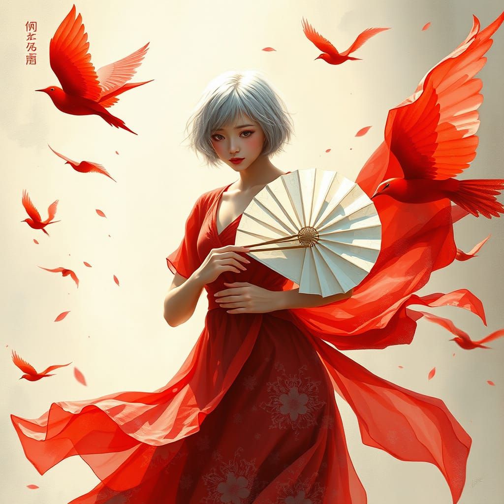 Tender sadness, female image, red ink, calligraphy, rough paper, rich strokes, soft light, bright accents, Heat, short w...