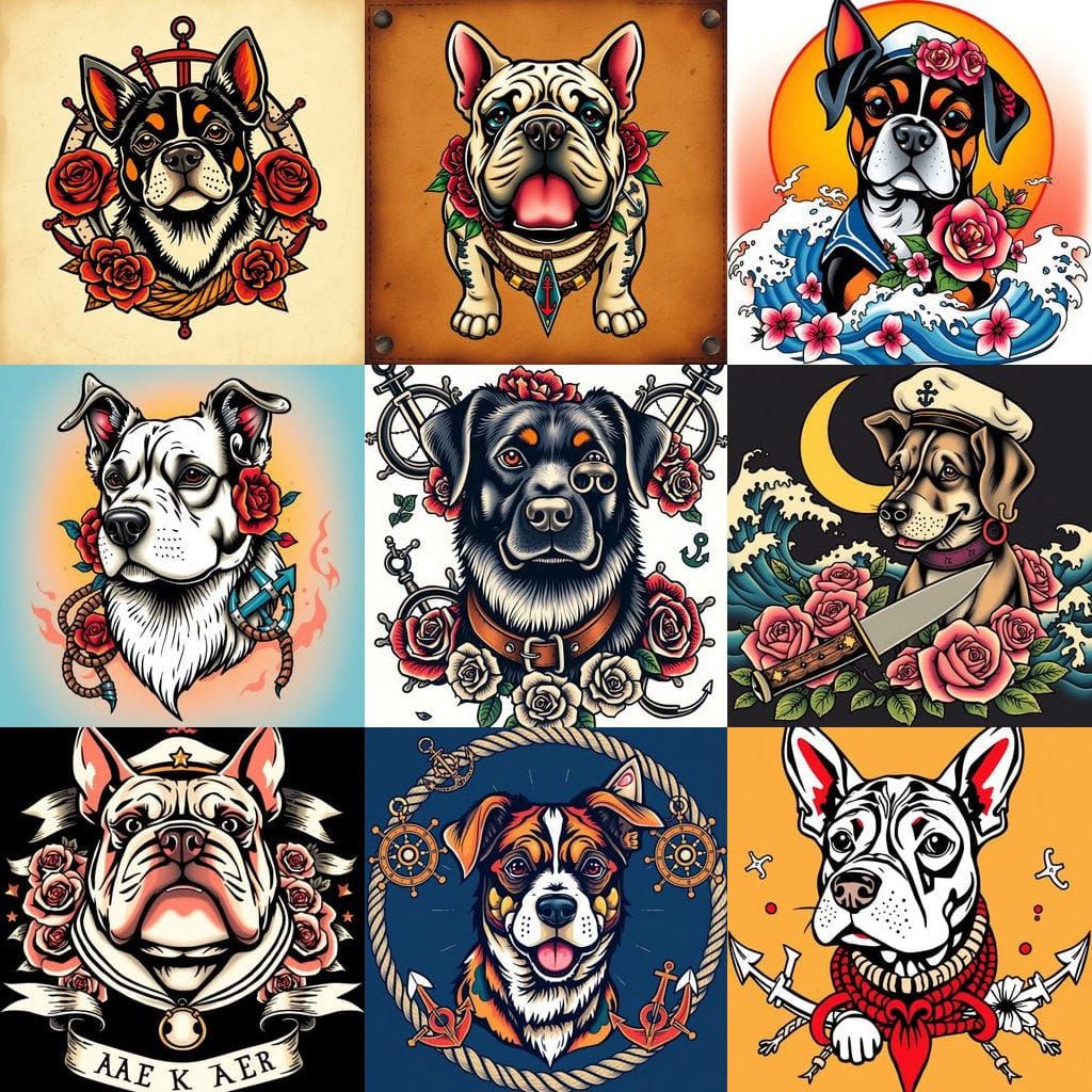 Vintage-Style Dog in Traditional Tattoo Art