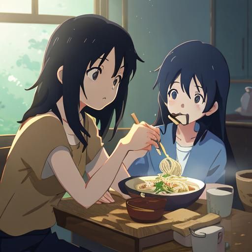 Anime Girl Eating Noodles, Studio Ghibli Style