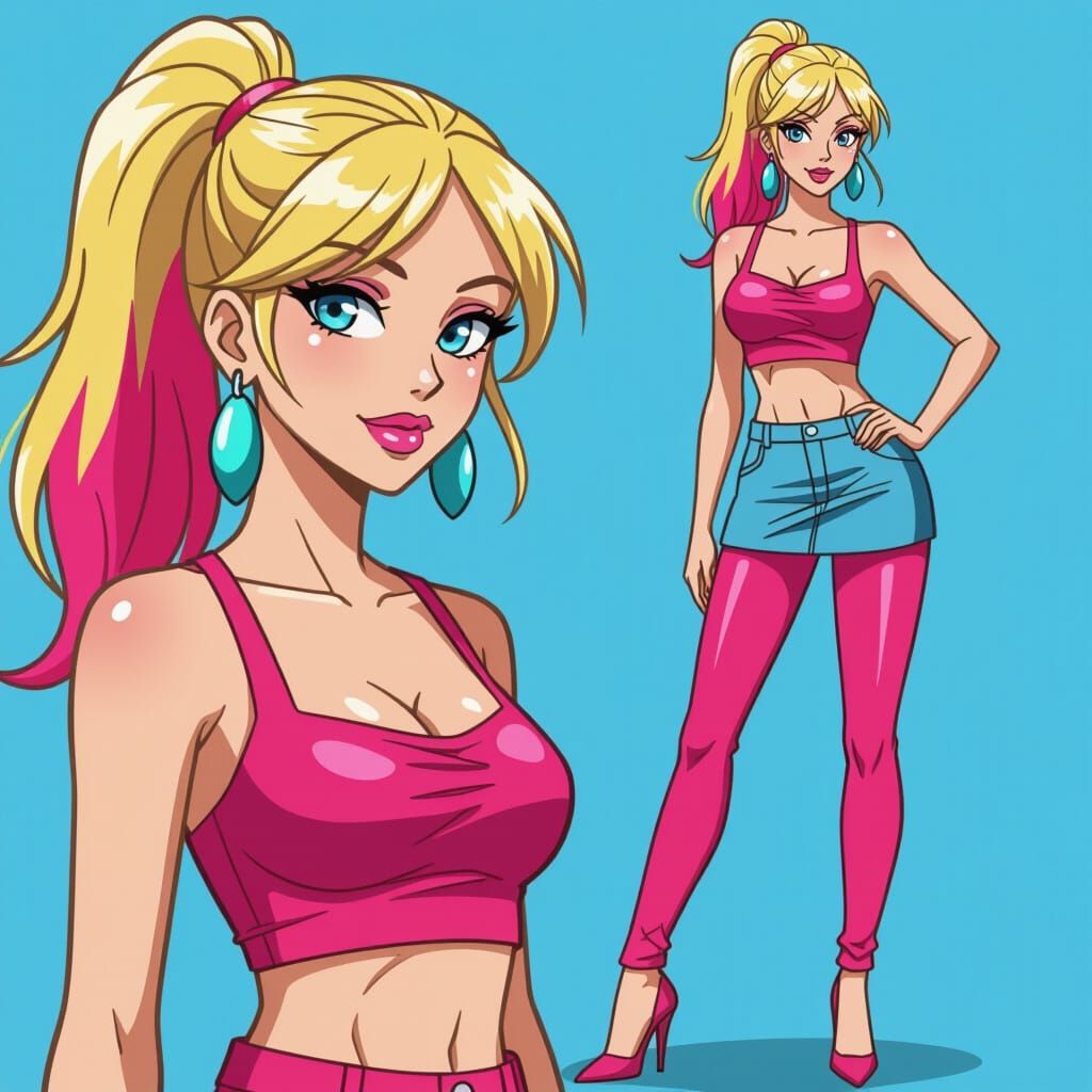 Stylish Anime Woman with Pink Streak and Cyan Earrings