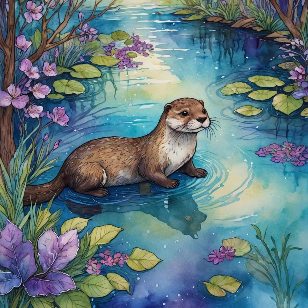 Whimsical Otter in Enchanted Forest Pond: Alcohol Ink Art