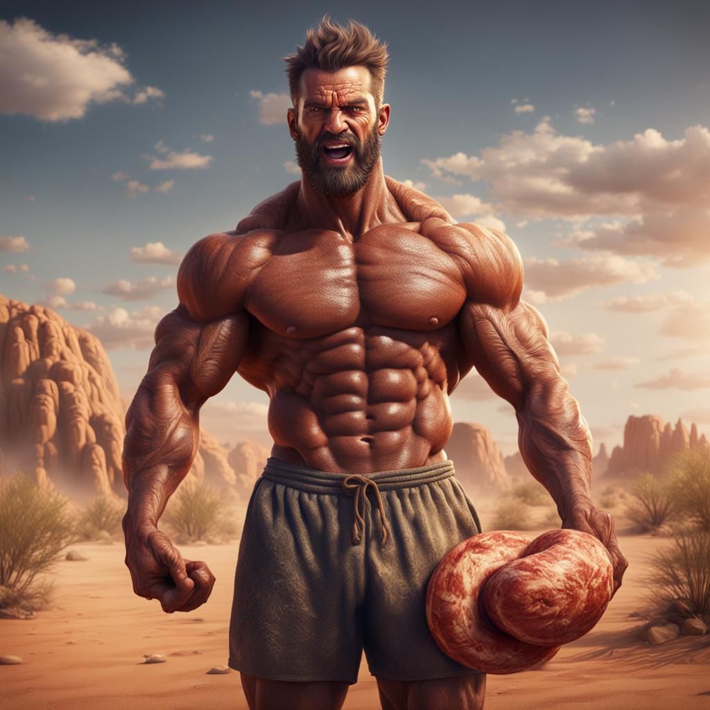 Bodybuilder with Sausage in Desert Landscape