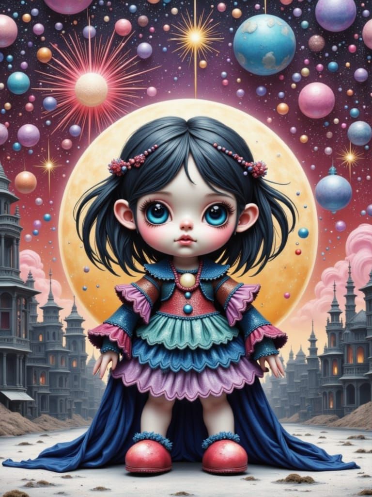 A lost girl made of void, appearing as a flowing black cosmi...