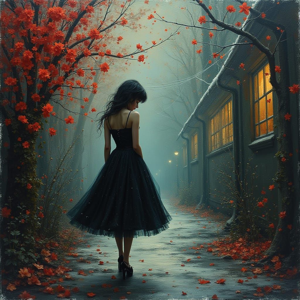 Minimalist Gothgirl in 1890s Bruges Christmas Scene