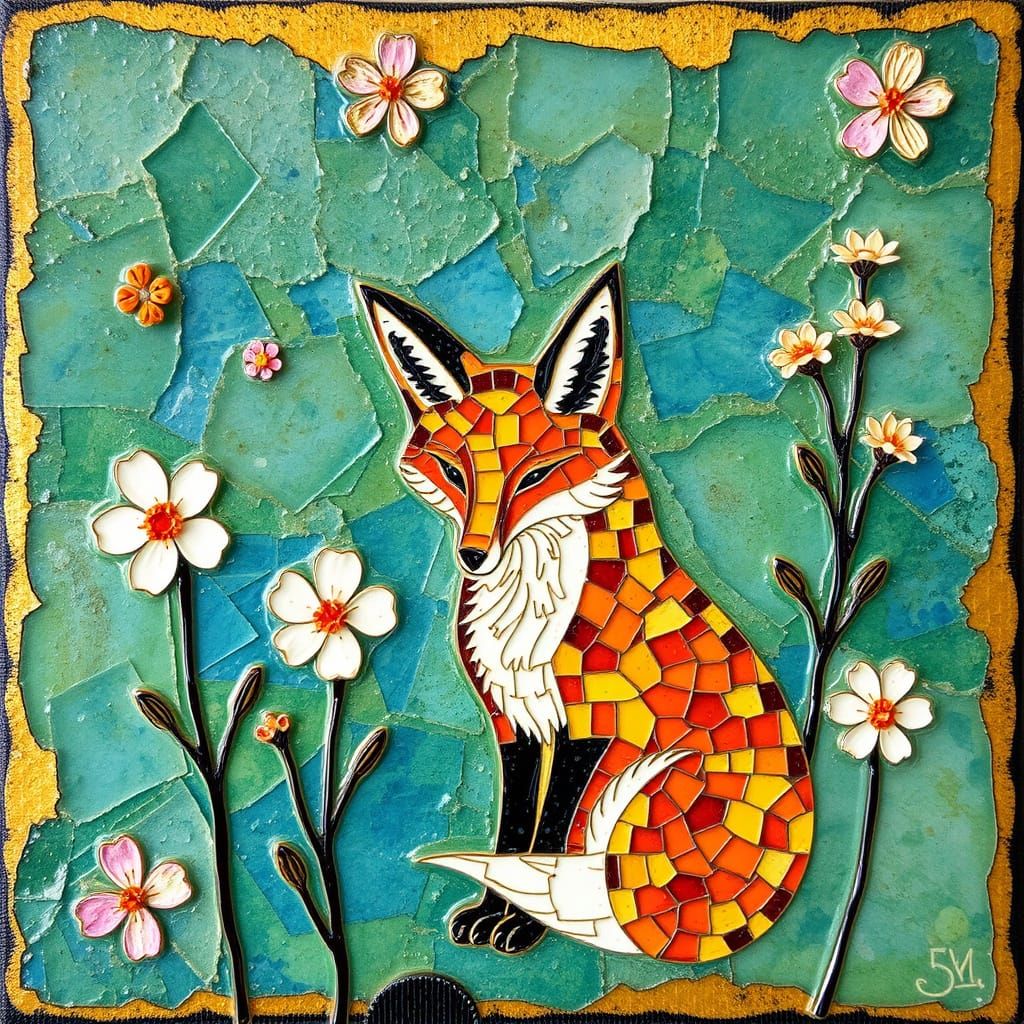 Fox and Spring Flowers Kintsugi Mosaic Design