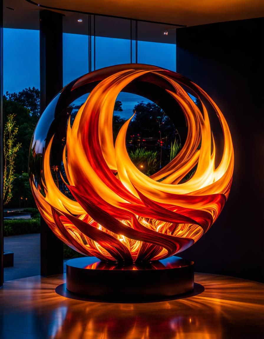 Flame Fire Sculpture in Art Glass Sphere