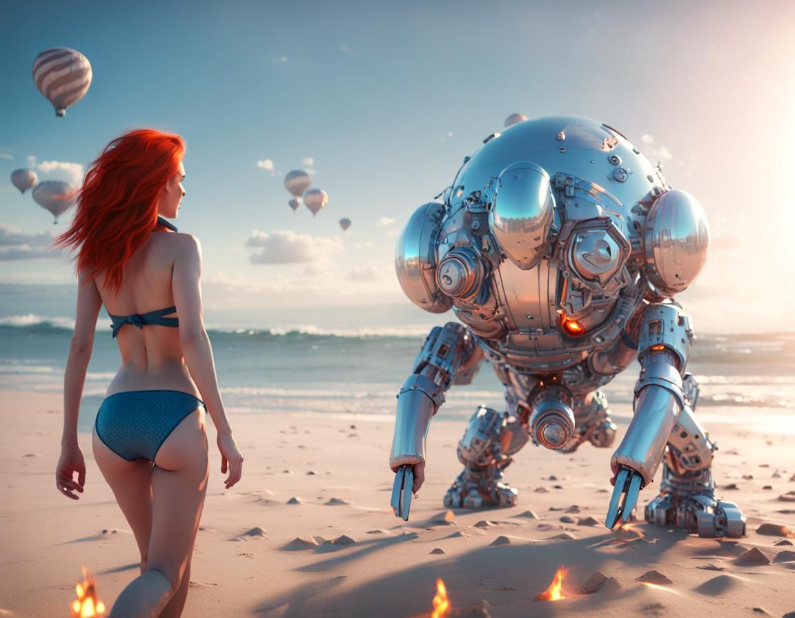 Girl, Koalas, Burning Balloon: Sci-Fi Beach Scene