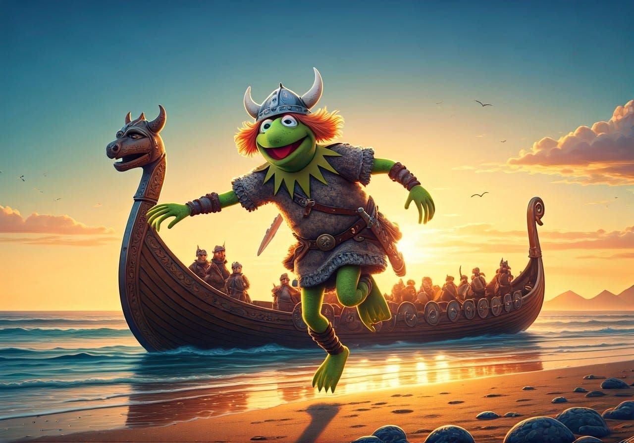 The Muppets, Viking Kermit leaping onto the beach from a longship with a Muppet figurehead