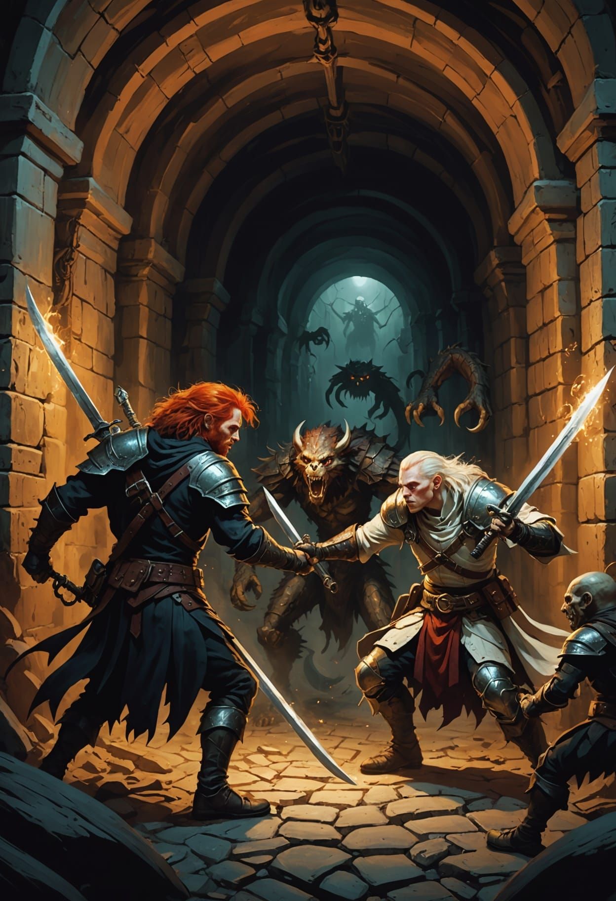 Dark Fantasy Warriors Battle Wererats in Ancient Catacombs