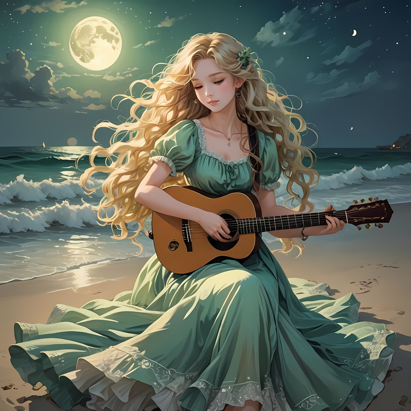 Anime Portrait of Marin Playing Guitar on Beach