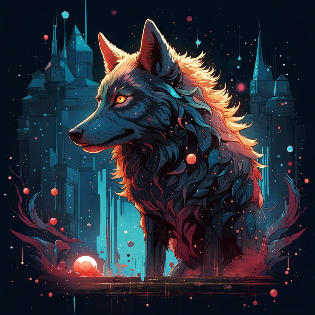 Constellation Wolf with Glowing Eyes in Anime Space