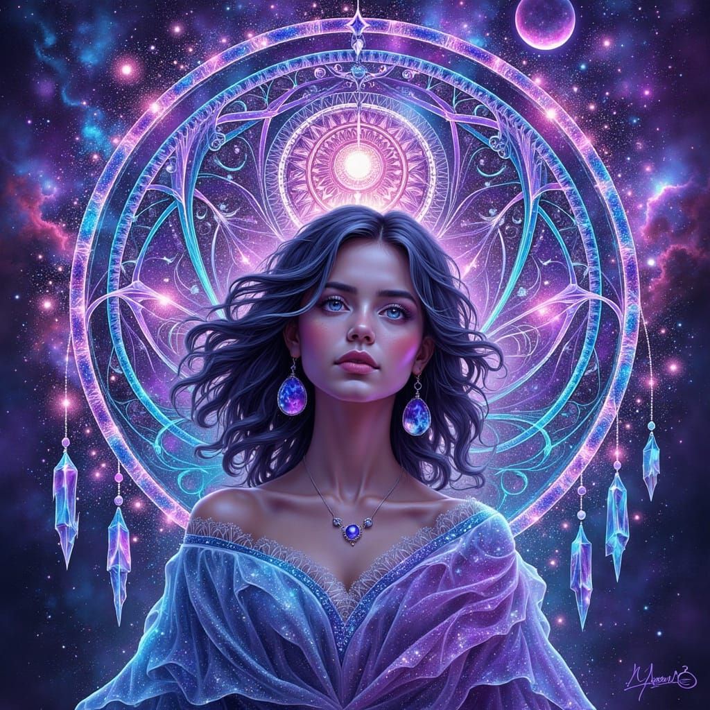 Cosmic Woman Portrait with Dream Catcher in Digital Art